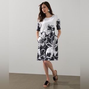 CHICOS - Smocked Puff Sleeve Short Dress (White with Black Floral, CHICO SIZE 1)